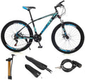 VIPIH Mens Mountain Bike 27.5-Inch Wheels, Aluminum Frame, 21 Speed Thumb Shifter, Front Suspension, Dual Disc Brakes Women Adult Bicycles Blue-Black w/mudguards, Bike Lock, Air Pump