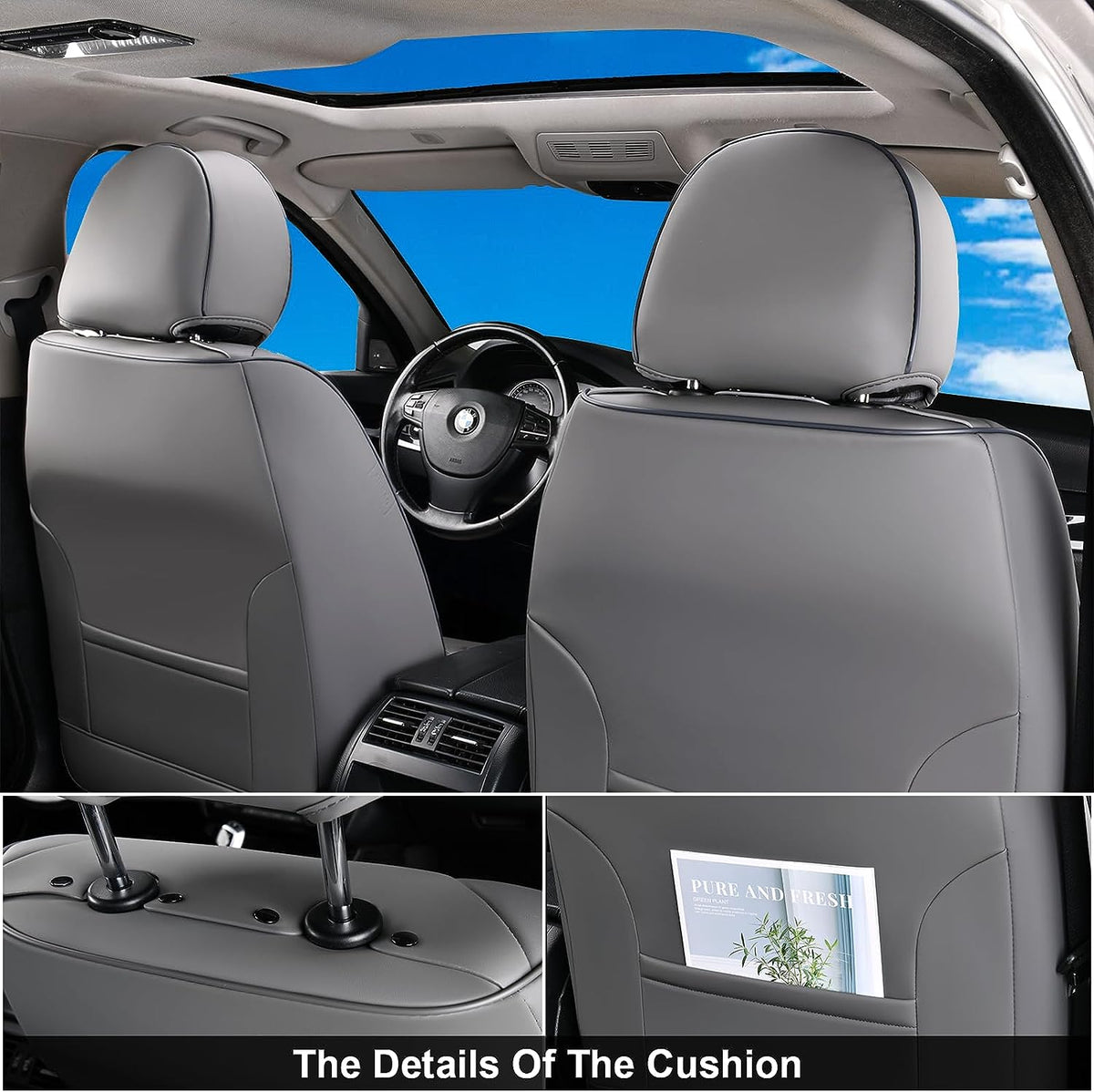 Coverado Leather Seat Covers Full Set, 5 Seats Universal Seat Covers for Cars, Waterproof Luxury Leatherette Seat Cushions, Front and Rear Seat Protectors, Seat Covers Fit for Most Vehicles Gray/White