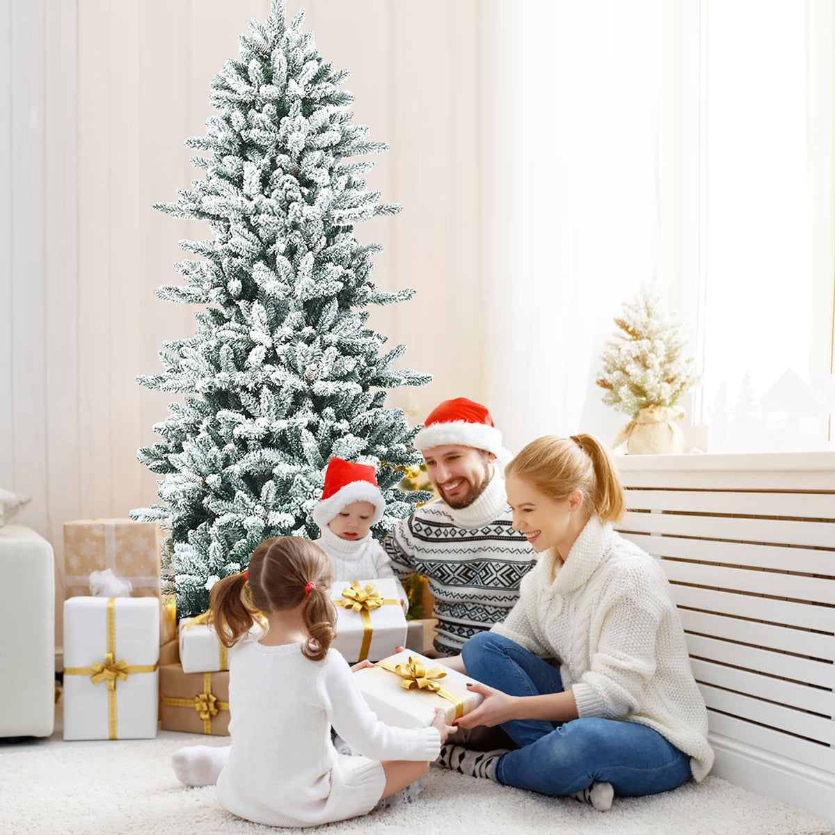 Costway 7Ft Premium Hinged Snow Flocked Slim Artificial Christmas Fir Tree w/ Pine Cones