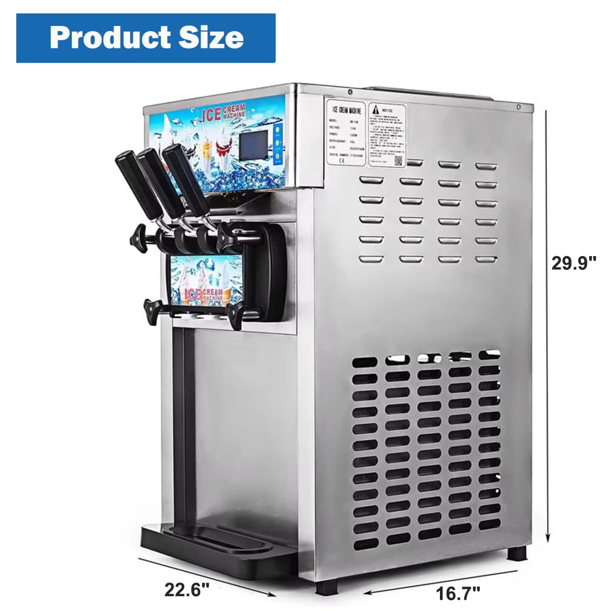 Ice Cream Machine Commercial, 18L/H Yield Soft Serve Ice Cream Maker, 3 Flavors, 1200W Commercial Soft Serve Ice Cream Machine with LCD Panel for Bars Coffee Shop