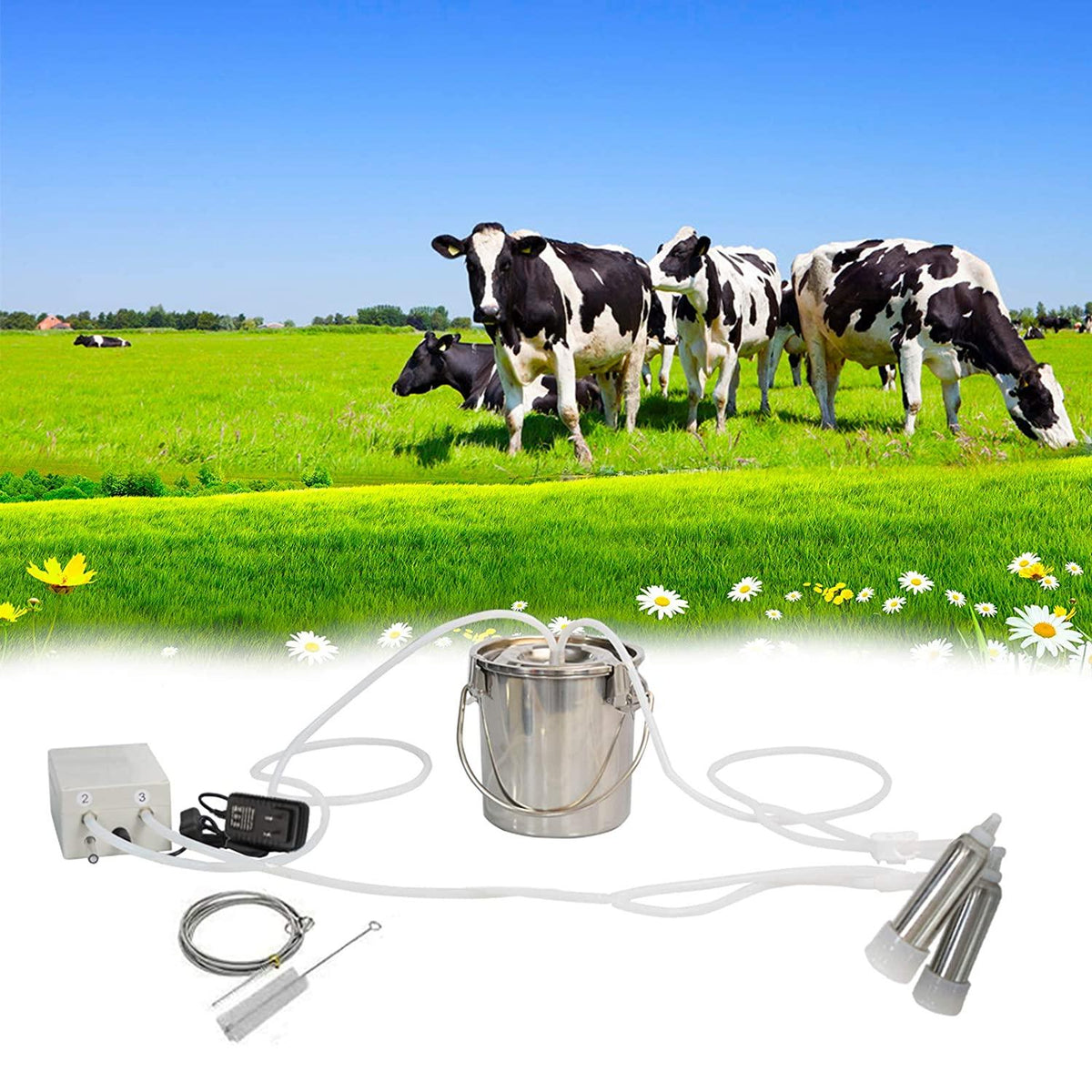 7L Cow MilMachine,Electric Automatic Pulsation Vacuum Portable Pulse Breast Pump with 2 Teat Cups  Steel Bucket for Cows