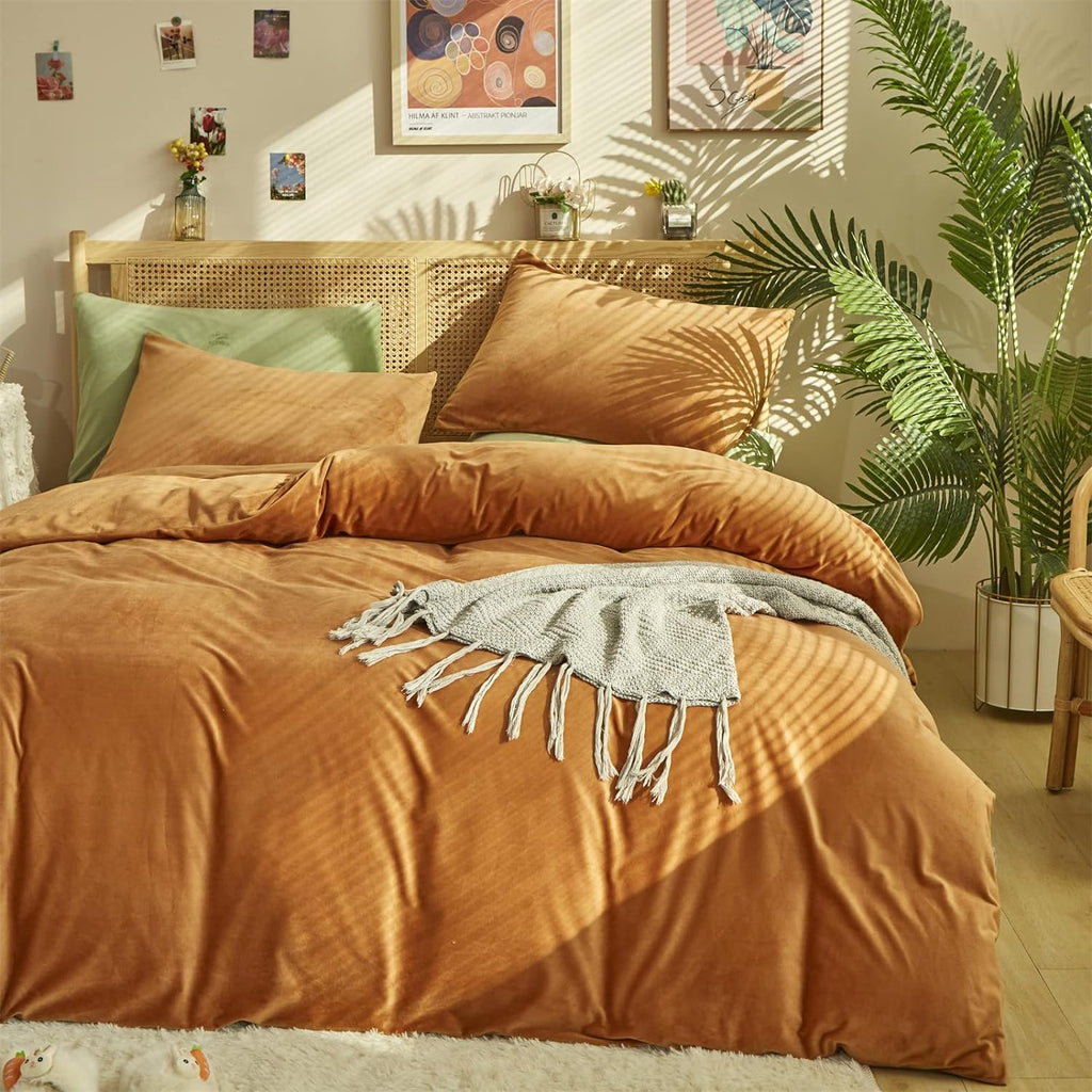 Wellboo Pumpkin Velvet Duvet Cover King Size Women Men Burnt Orange Fluffy Bedding Cover Modern Solid Light Caramel Flannel Quilt Covers Plain Cinnamon Micromink Sherpa Fuzzy Comforter Covers Plush