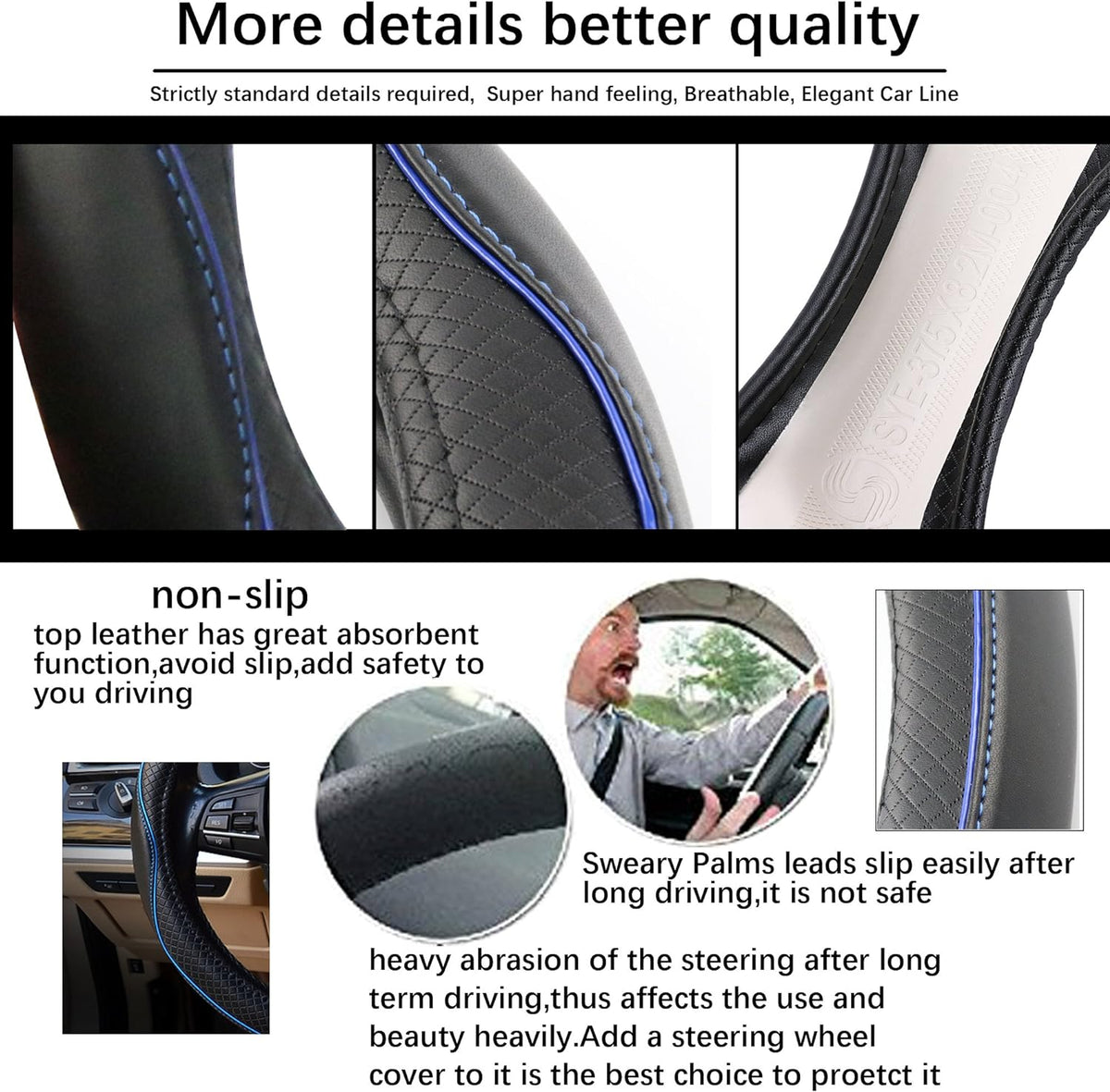 Car Steering Wheel Cover, Anti-Slip, Safety, Soft, Breathable, Heavy Duty, Thick, Full Surround, Sports Style (Black Blue)