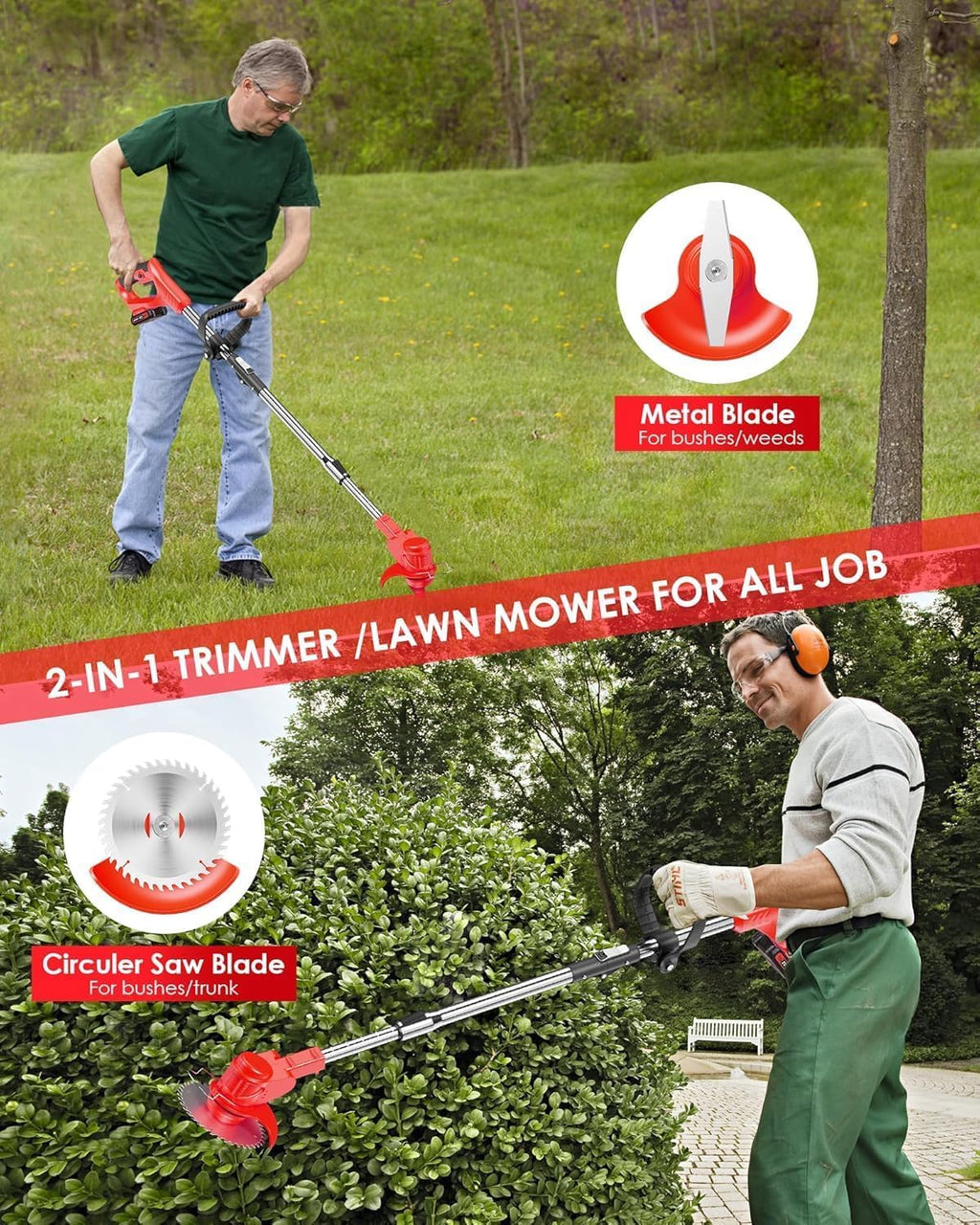 21V Cordless Weed Wacker, Lightweight 3-in-1 Grass Trimmer/Brush Cutter/Edger, 2.0Ah Battery Powered Weed Eater, Foldable Stringless Lawn Edger, Adjustable Height Electric Mower for Garden