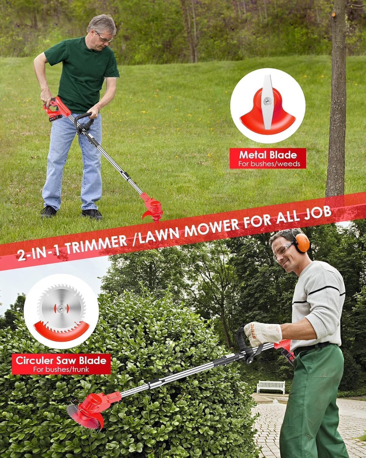 21V Cordless Weed Wacker, Lightweight 3-in-1 Grass Trimmer/Brush Cutter/Edger, 2.0Ah Battery Powered Weed Eater, Foldable Stringless Lawn Edger, Adjustable Height Electric Mower for Garden
