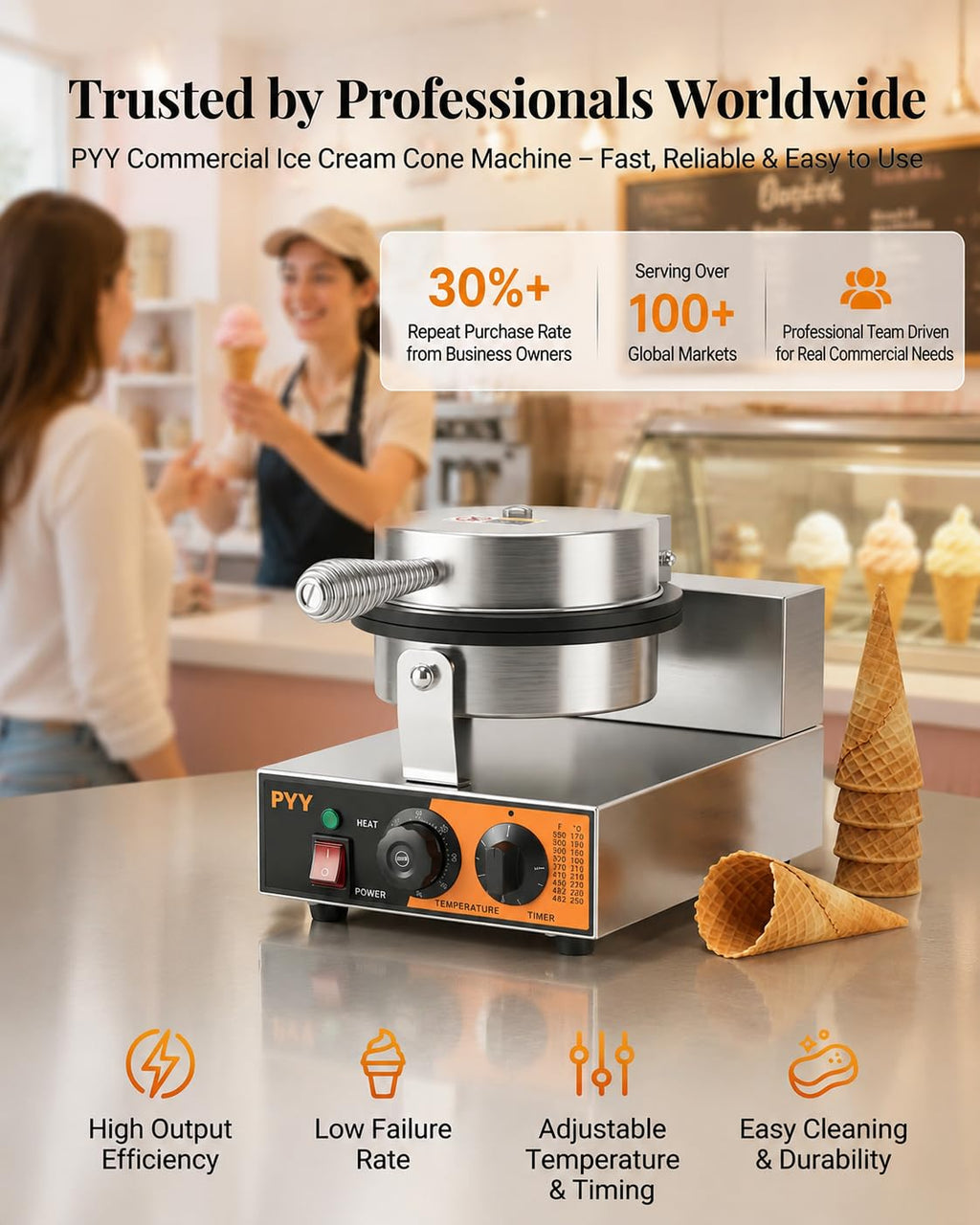 Commercial Waffle Cone Maker Machine, 1200W Ice Cream Cone Maker with Nonstick Plates, Adjustable Temperature & Timer,  Steel Electric Waffle Cone Baker for Ice Cream Shops, Cafes & Home