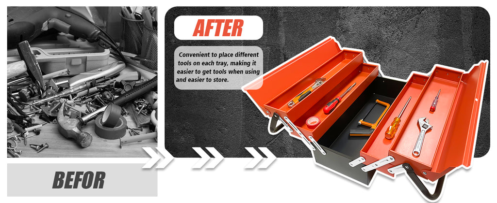 Metal Cantilever Tool Box, 18" * 8" * 8" Fold Out Tool Organizer with 3 Layers & 5 Trays, Portable Storafor Home, Studio, Auto Repair & Factory (Orange)