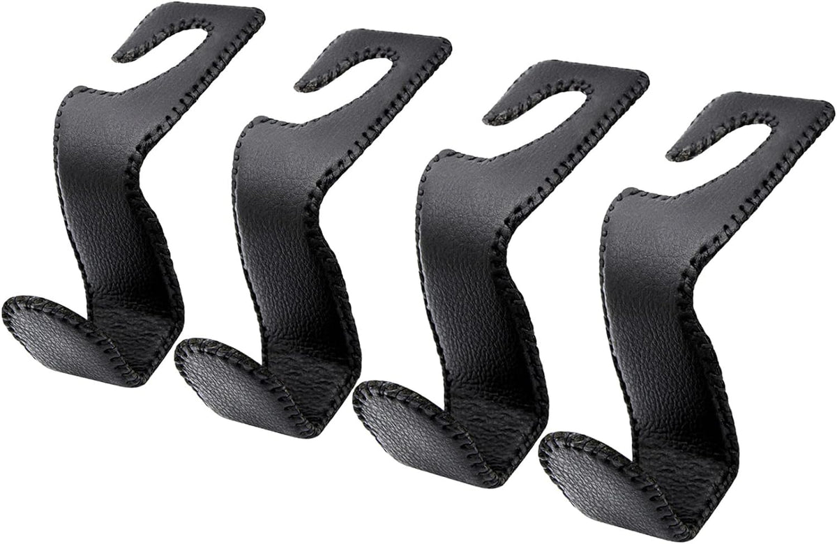 EldHus Seat Hooks for Purses and Bags, 4 Pack Car Purse Holder for Grocery Bag Handbag Clothes, Metal Headrest Hooks Covered by Leather, Black