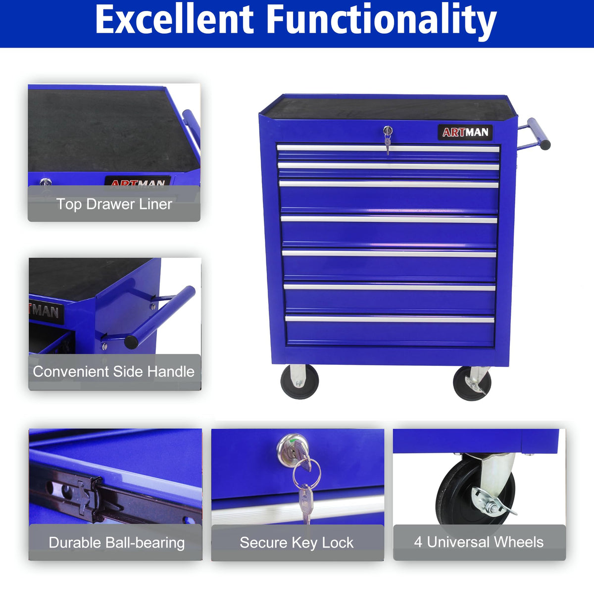 7 Drawers Rolling Tool Chest & Tool Box on Wheels | Heavy Duty Metal Cart with Ball Bearing Drawers | Fits US General Tool Box for GaraStora(Blue, 7 Drawers（29.9" H × 24.2" W × 12.9" D)