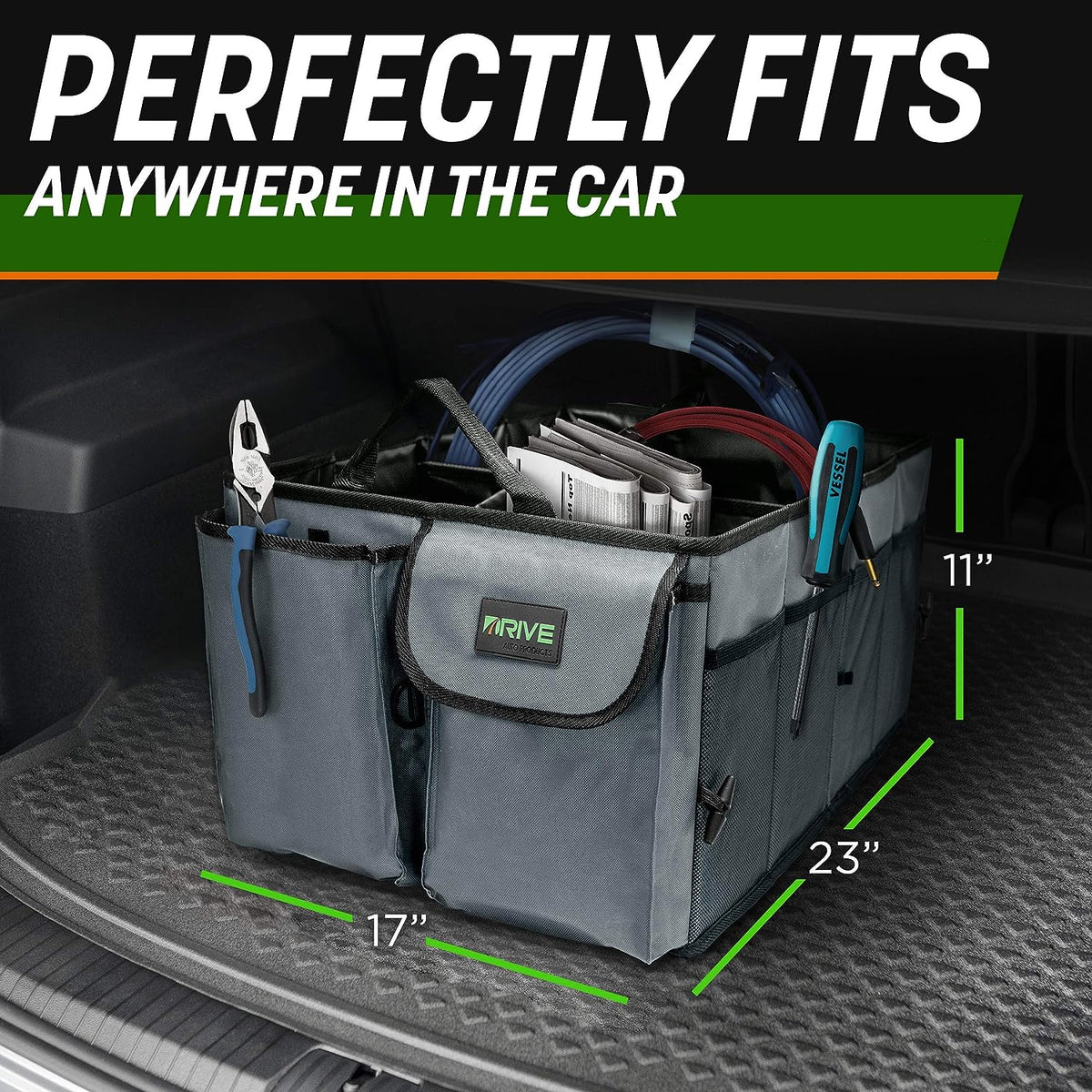 DRIVE AUTO PRODUCTS - Compact Black Car Trunk Organizer with Adjustable Straps