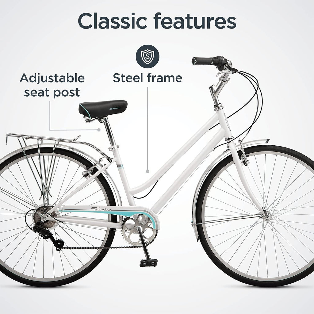 Schwinn Wayfarer Adult Bike Hybrid Retro-Styled Cruiser, 16-Inch/Small Steel Step-Through Frame, 7-Speed Drivetrain, Rear Rack, 700C Wheels, White