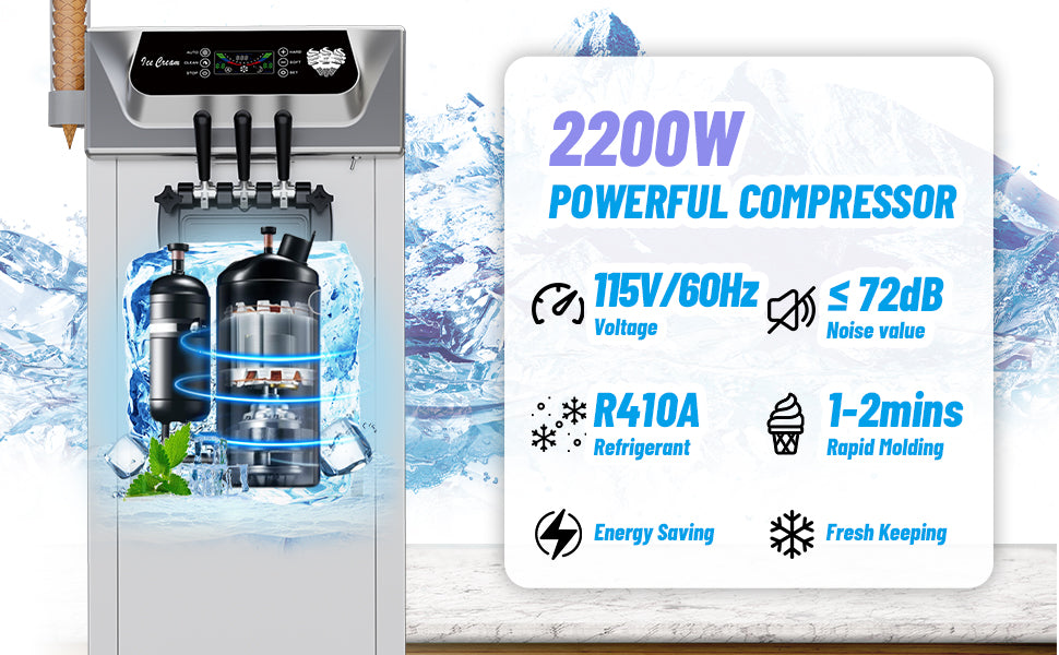 Commercial 2+1 Flavor Soft Ice Cream Machine, 5.8 to 8 gal Per Hour Soft Serve, 2200W  Steel Vertical Ice Cream Maker with Self-Cleaning, High Productivity, Perfect for Home and Snack Bar