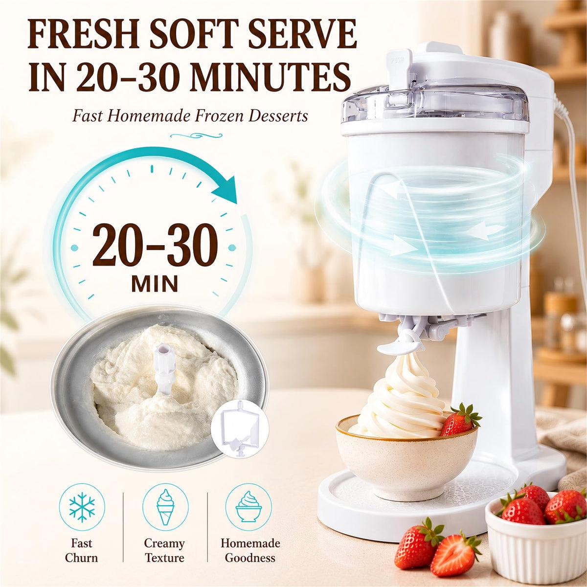 Soft Serve Ice Cream Maker for Home, 1 Quart Ice Cream Machine with Freezer Bowl, Dispensing Lever & Ingredient Chute, Frozen Yogurt, Gelato & Sorbet Maker, Countertop Dessert Machine