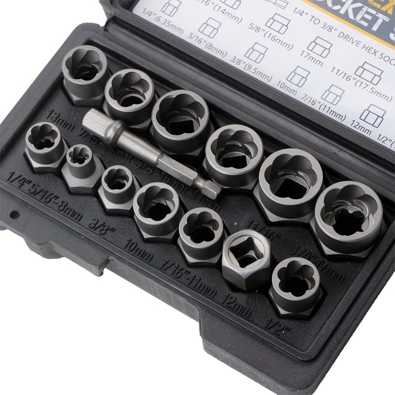14 Pieces Impact Bolt & Nut Remover Set Pull-Out Sleeve Cr-Mo Bolt Extractor Tool Set With Solid StoraCase Damaged Incomplete Screw Nut Extractor