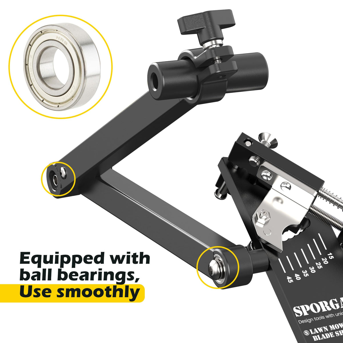 [Updated] Lawn Mower Blade Sharpener 15°-45° Adjustable Frame with Ball Bearing Manufacture Handle for Right &amp; Left Hand Blades, Use with Angle Grinder, Black