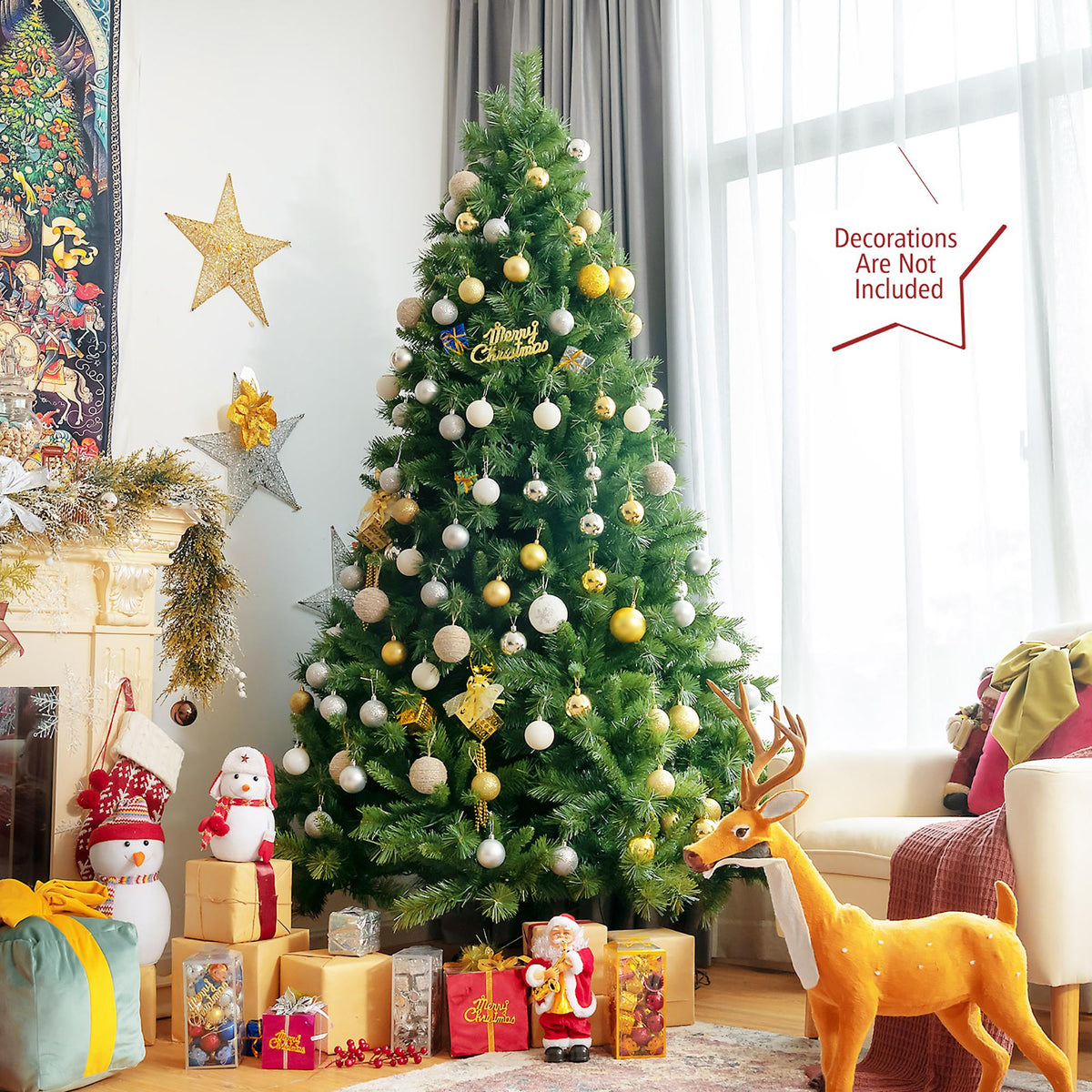 7ft Pre-Lit Artificial Hinged Christmas Tree w/8 Modes LED Lights and Foot Pedal