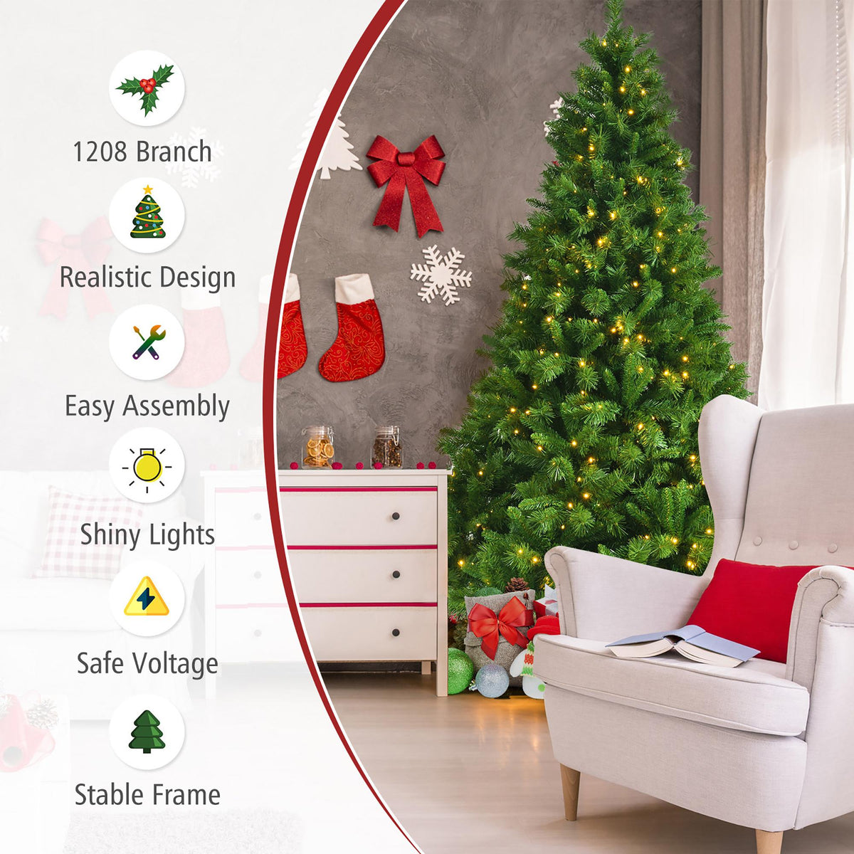 7ft Pre-Lit Artificial Hinged Christmas Tree w/8 Modes LED Lights and Foot Pedal