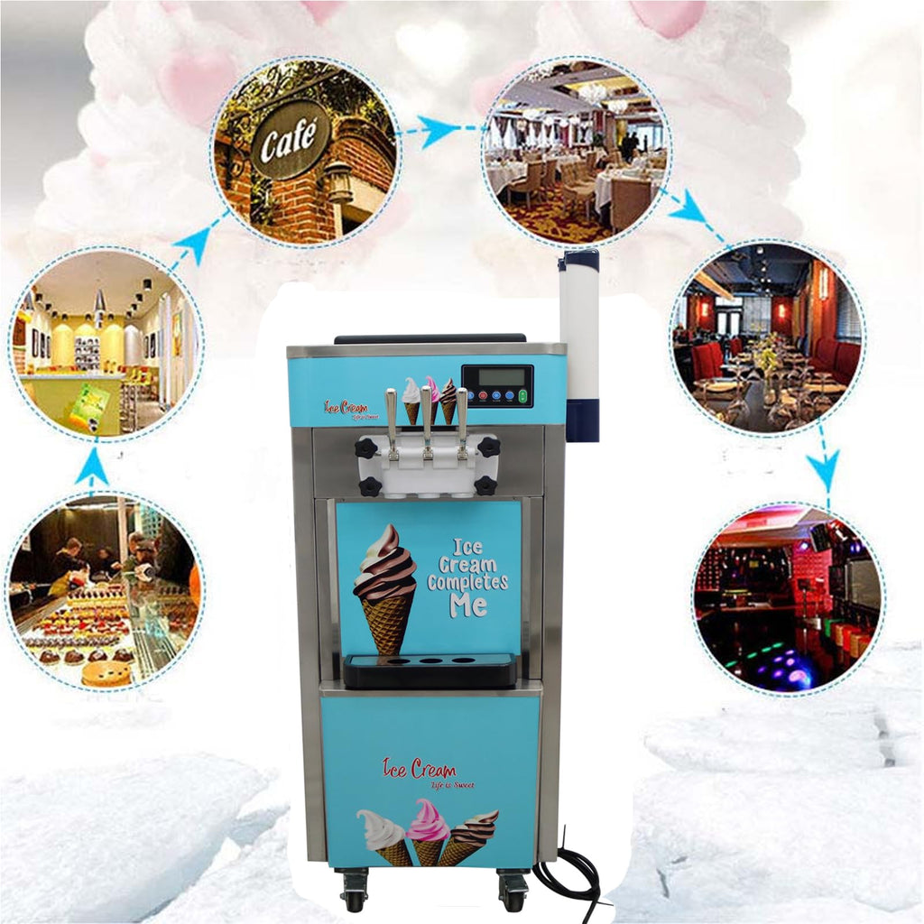 Commercial 3 Head Ice Cream Machine 20-30L/H Soft Serve Machine with Dual 6L Hoppers Automatic Cleaning Ice Cream Freezer for Shop Restaurant Cafe  Steel 1.8KW