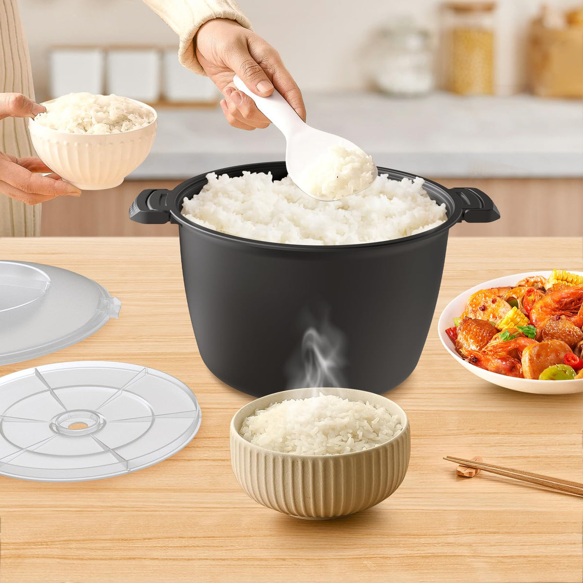 Professional LarMicro Cookware 3 Quart, Microwave Rice Cooker, Microwave Steamer for Vegetables, Safe as Mixing and Serving Bowls, Food StoraContainer, Cooker for Microwave- BPA Free, Dishwasher Safe