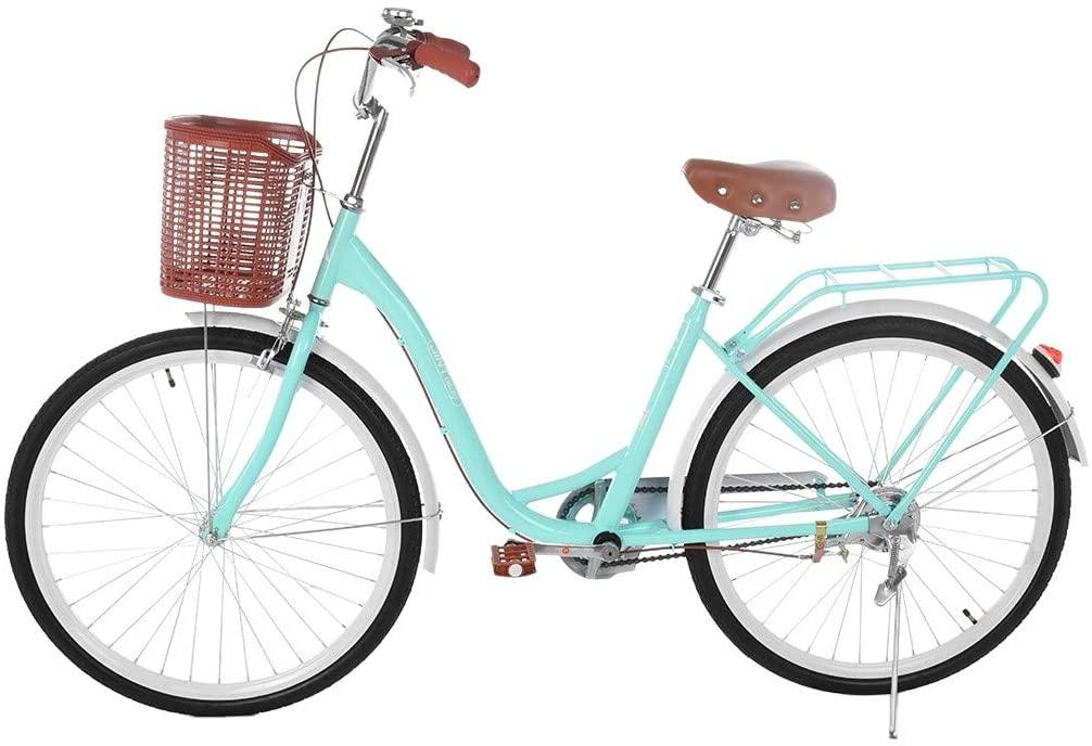 Tengma 26 Inch Women's Classic Beach Cruiser Bicycle Mountain Bike Frame Lady with Basket Retro Bicycle Beach Cruiser Bicycle Retro Bike,Seaside Travel Bicycle,Anti-Skid Wear-Resistant Tires