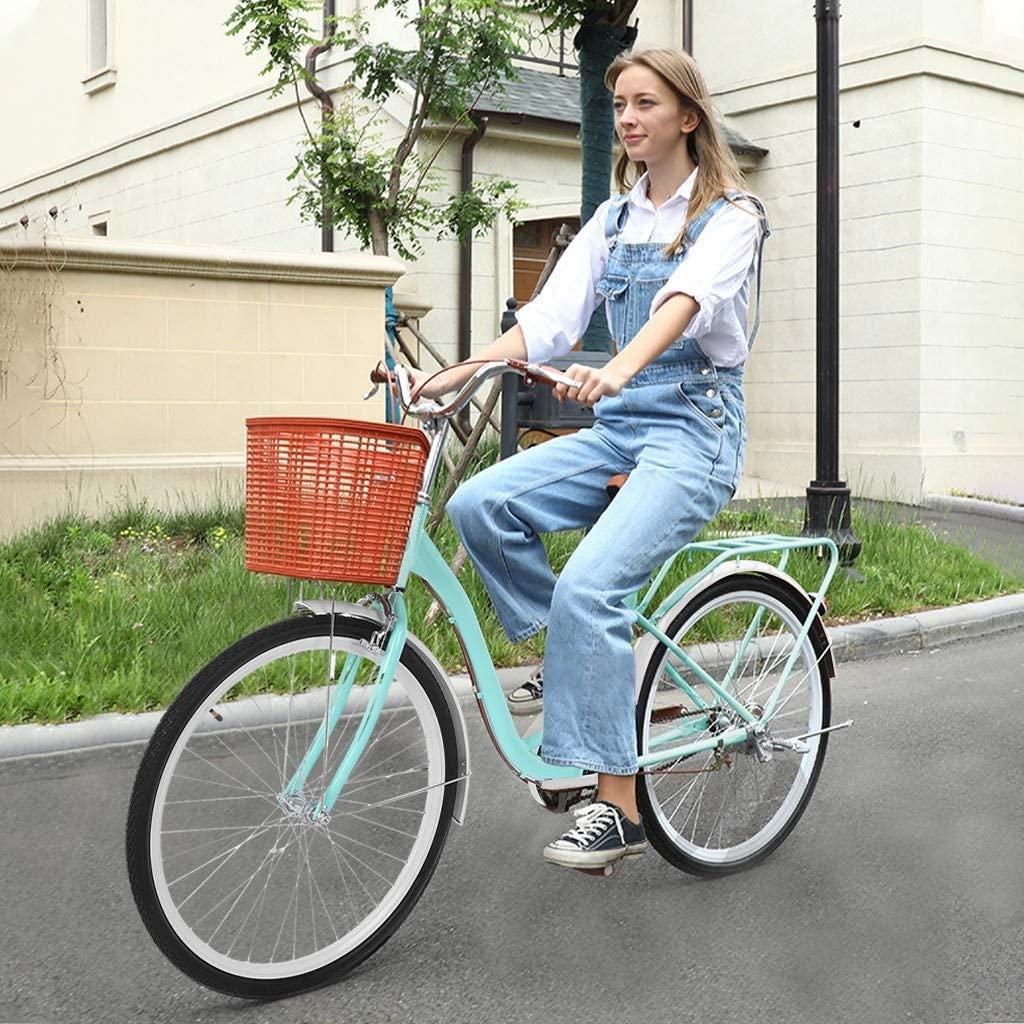 Womens Cruiser Bike with Single Speed - 26 inch Classic Retro Complete Beach Cruiser Bicycle with Basket Bikes for Women - Comfortable High-Carbon Steel Commuter Road Bike for Leisure
