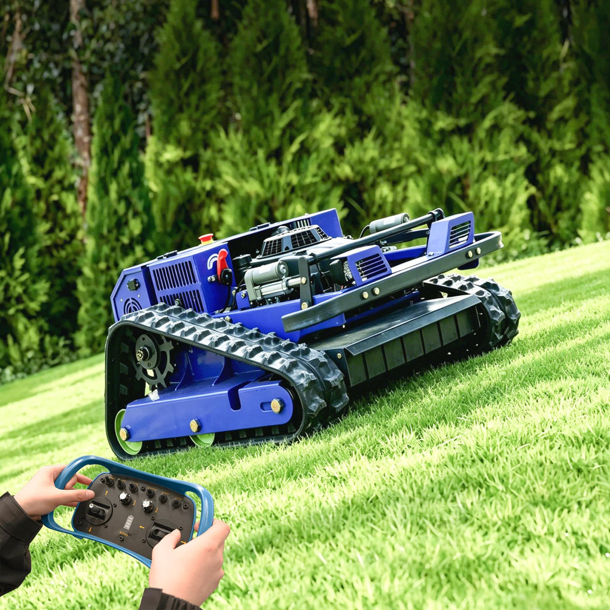 Remote Control Lawn Mower,Oil-Electric Hybrid Crawler Track Mower,3-15CM Cutting Height Professional Landscape and Estate Mower for Slope(45°) LarTurf Grass Cutting