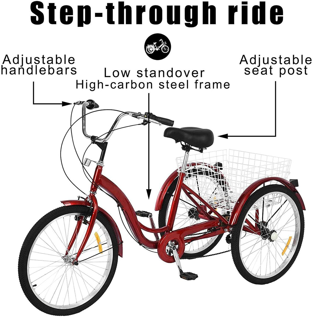 24 inch Adult Tricycles 7 Speed, Adult Trikes 3 Wheel Bikes, Three-Wheeled Bicycles Cruise Trike with Shopping Basket for Seniors, Women, Men.