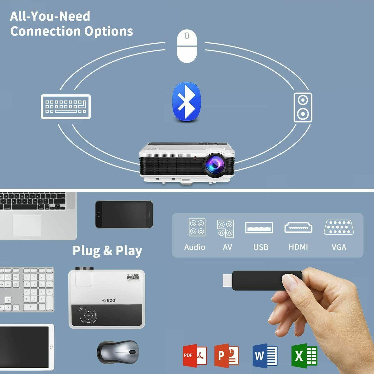 eug smart projector full hd home theater wireless 1080p airplay netflix zoom tv