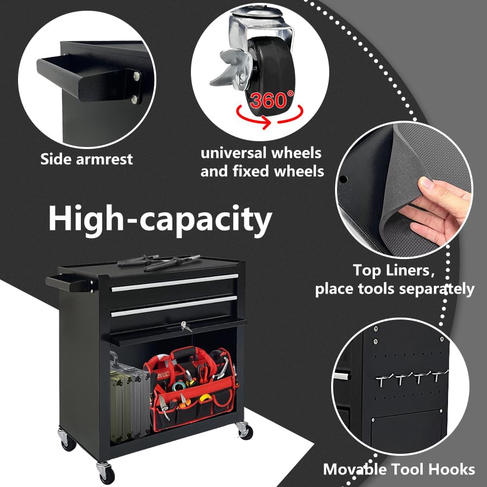 8-Drawer Rolling Tool Chest with Multiple Drawers, Heavy Duty Metal Tool Cabinet for Garaand Workshop Storage, Lockable Top Chest, Black