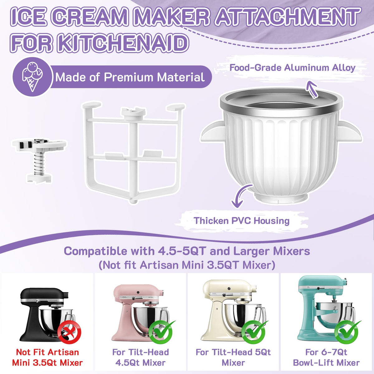 Ice Cream Maker Attachment for  Stand Mixer, Fits 4.5Qt and Larger  Mixers, 2 Quart Frozen Yogurt, Sorbet & Gelato Ice Cream Bowl by