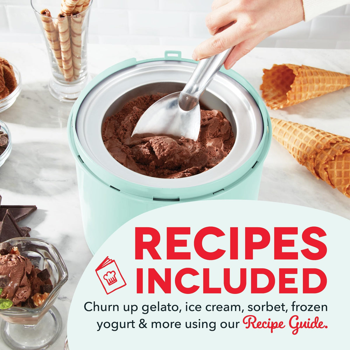 Deluxe Gelato & Ice Cream Maker - HomeMade Dessert Maker with One-Touch Churning - Space-Saving  & Easy to Clean - 2 Quarts, Aqua