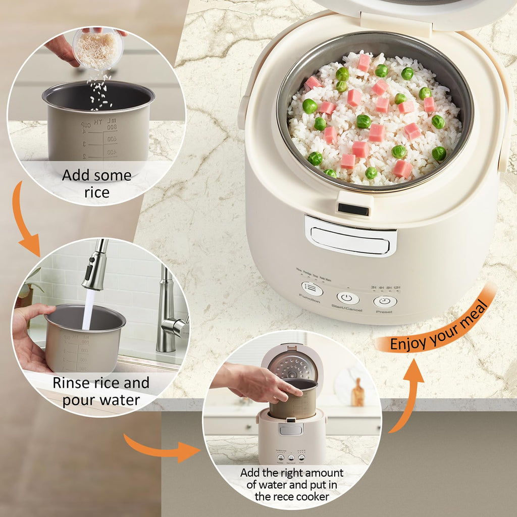 Mini Rice Cooker 2 Cups Uncooked – Compact Small Rice Cooker | with Delay Timer, Non-Stick & Keep Warm for Dorm, Office & On-the-Go