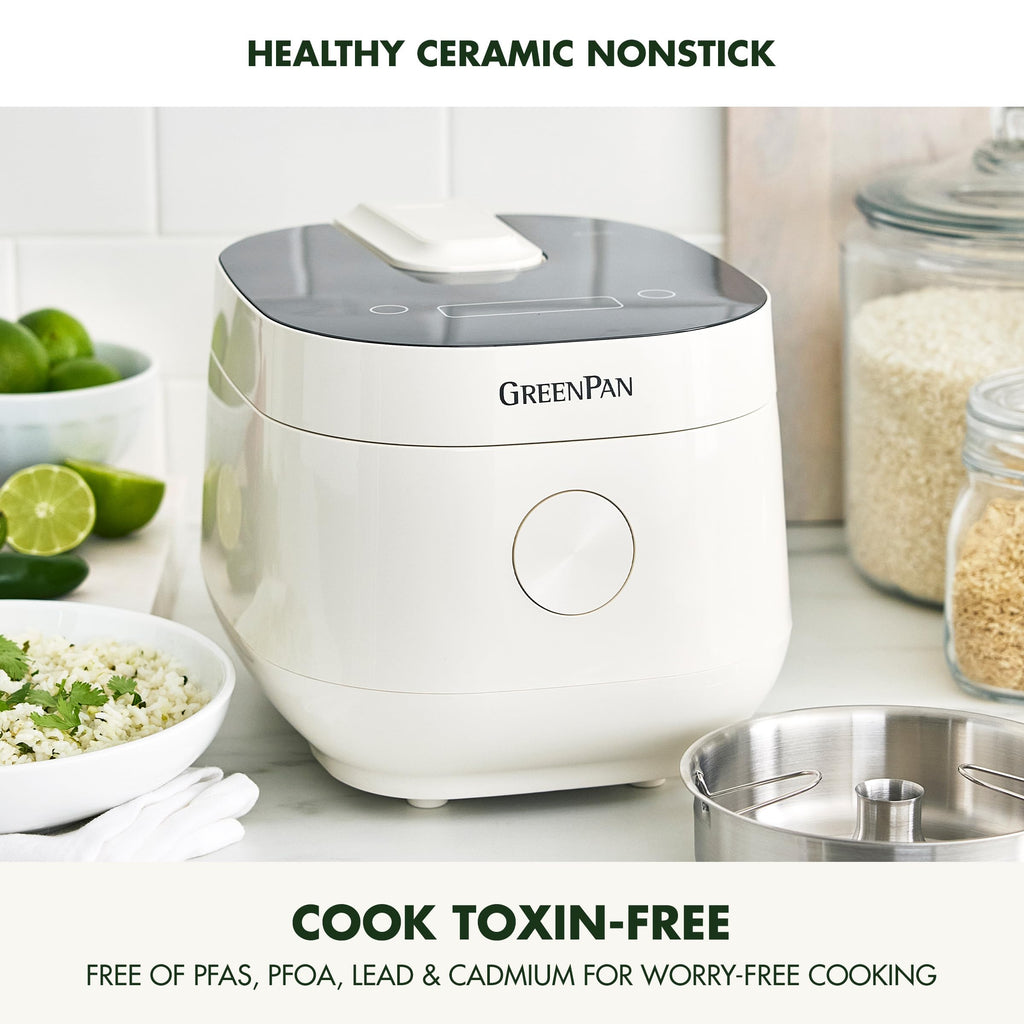 Carb Reducing Electric Rice Cooker, 4 Cups Uncooked/8 Cooked Rice, 10 Presets, LED Display, Healthier Meals, Delay Timer, PFAS-Ceramic Nonstick Removable Bowl, Cool Touch, Steam, Cream