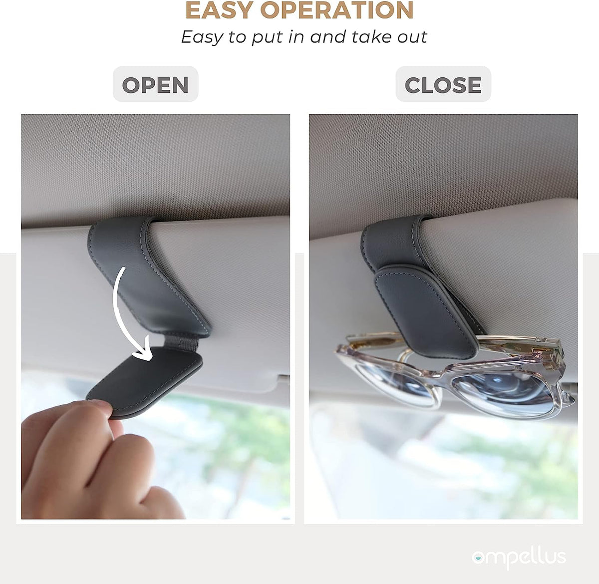 Ompellus Magnetic Leather Sunglass Holder, Eyeglass Hanger Clip for Car Sun Visor, Suitable for Different Size Eyeglasses(Gray)