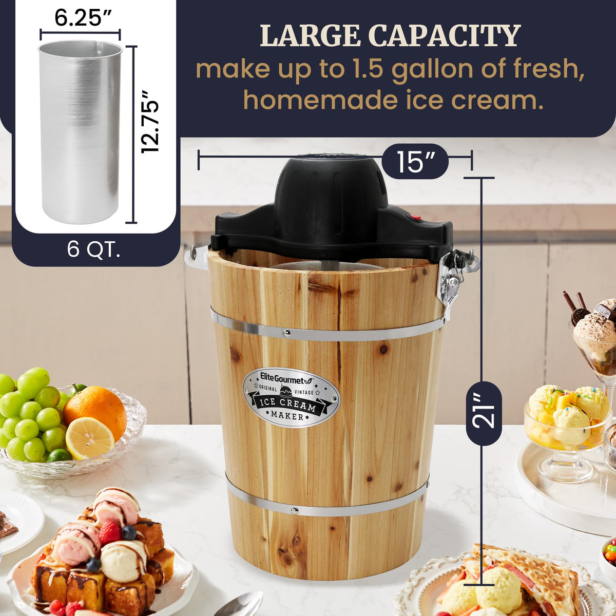 EIM916 Old Fashioned 6 Quart  Bucket Electric Ice Cream Maker Machine Appalachian, Bonus Classic Die-Cast Hand Crank for Churning, Uses Ice and Rock Salt