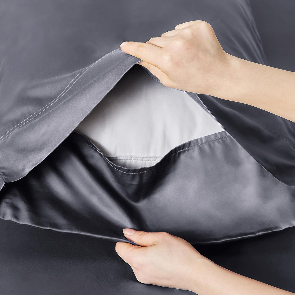 Bedsure Queen Sheets, Rayon Derived from Bamboo, Queen Cooling Sheet Set, Deep Pocket Up to 16", Breathable &amp; Soft Bed Sheets, Hotel Luxury Silky Bedding Sheets &amp; Pillowcases, Dark Grey