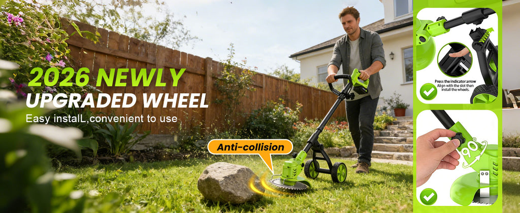 Weed Wacker Battery Powered with Wheel, Electric Weed Eater Cordless Brush Cutter String Trimmer, 4000mAh Stringless Weed Trimmer Lightweight Grass Trimmer Mower, 2 Battery and Charegr