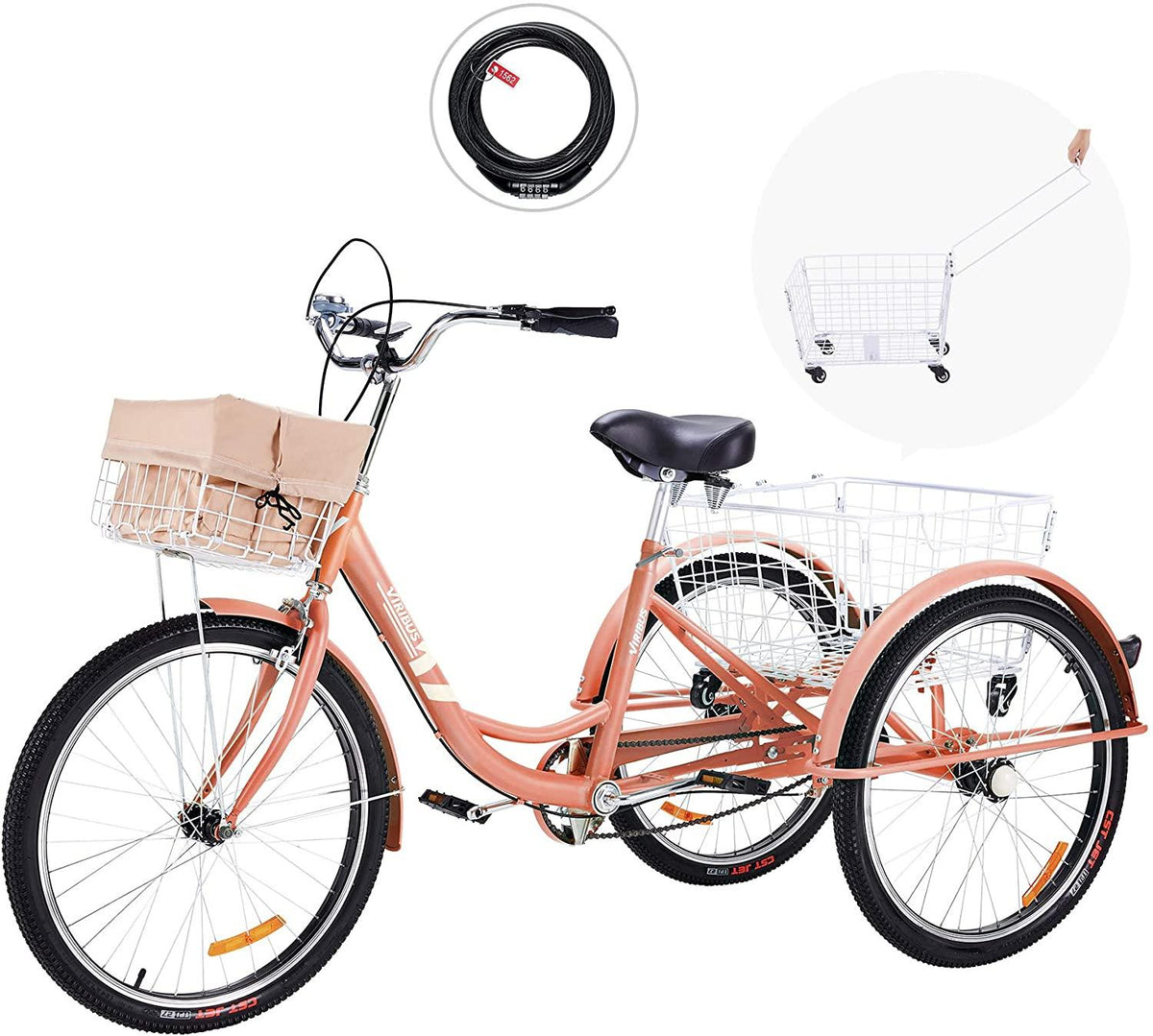 Viribus Adult Three Wheel Tricycle Single Speed Hybrid Cargo Cruiser Trike Bike with Removable Wheeled Basket Bell for Shopping or Dogs Dustproof Bag Exercise Bicycle (Pink/24)