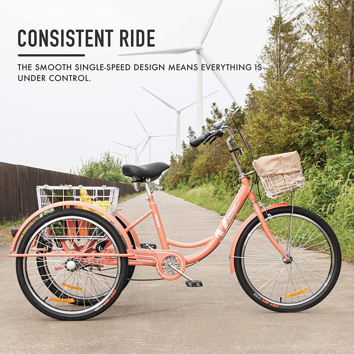 Viribus Adult Three Wheel Tricycle Single Speed Hybrid Cargo Cruiser Trike Bike with Removable Wheeled Basket Bell for Shopping or Dogs Dustproof Bag Exercise Bicycle (Pink/24)