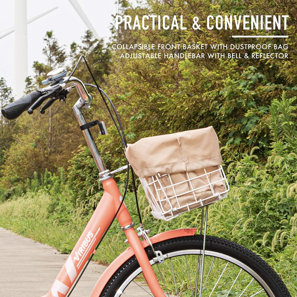 Viribus Adult Three Wheel Tricycle Single Speed Hybrid Cargo Cruiser Trike Bike with Removable Wheeled Basket Bell for Shopping or Dogs Dustproof Bag Exercise Bicycle (Pink/26)