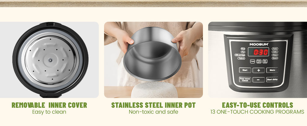 20 Cup Cooked (10 cup uncooked) Rice Cooker with 8 Functions, Healthy Coo Steel Pot & Steamer, Removable Inner Cover,  Steel Silver