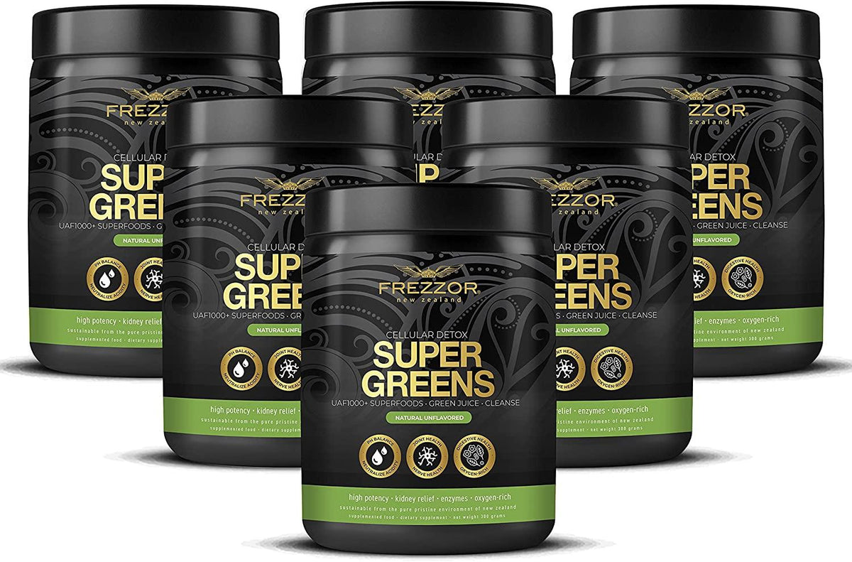 FREZZOR Super Greens Powder with UAF1000+, All-Natural New Zealand Green Fruit & Veggie Supplement, Energy, Vital Raw Veggies, ORAC Antioxidants, Enzymes, Detox & Cleanse, 1.8kg, 180 Serves, 6 Jars