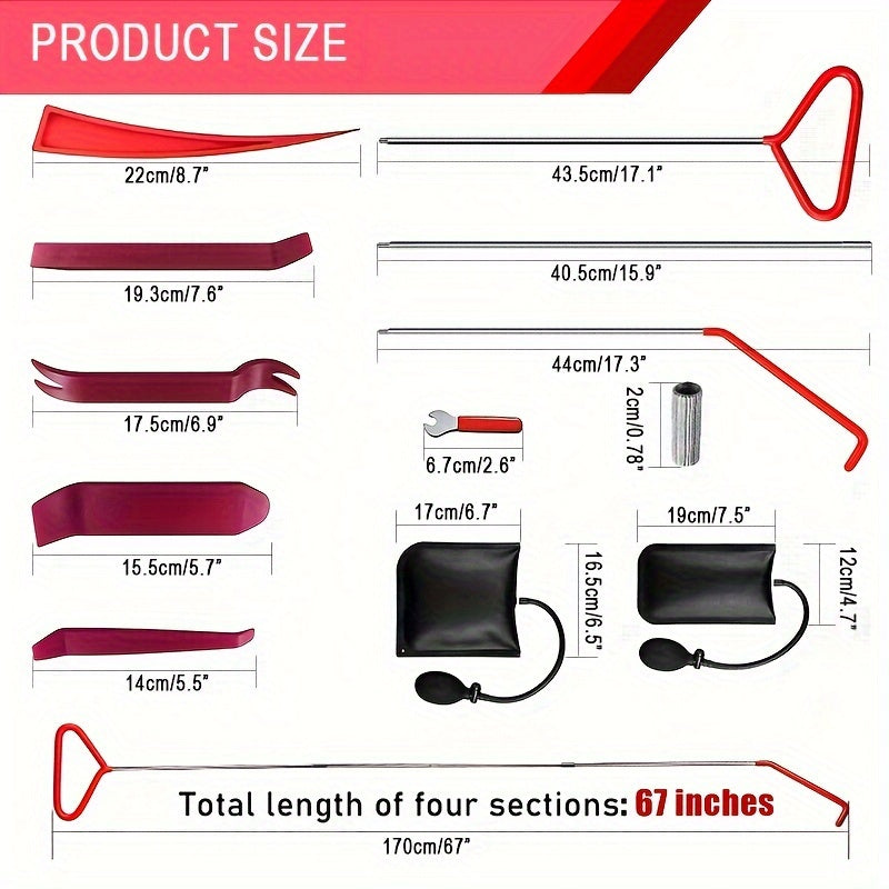18pcs Car Tool Kit, Stretchable Adjustable Grab, Air WedBag Pump, Undamaged Wedge, Wrench, Nut And Handbag Roadside Car Emergency Kit