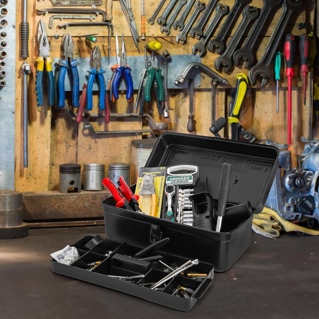 Metal Tool Box, 14" Portable Empty Toolbox with Handle, Latch Closure and Removable Divided StoraTray, Heavy Duty  Tools Organizer, Black