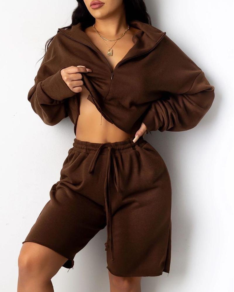 zipper design crop top &amp; high waist drawstring shorts set