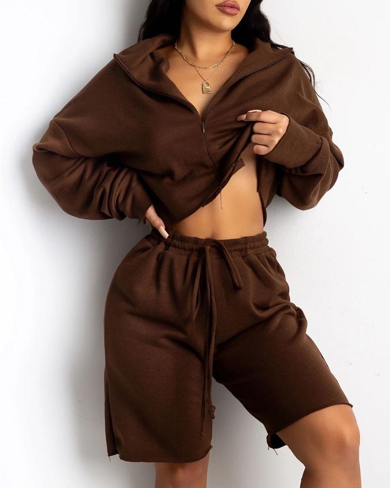 zipper design crop top &amp; high waist drawstring shorts set