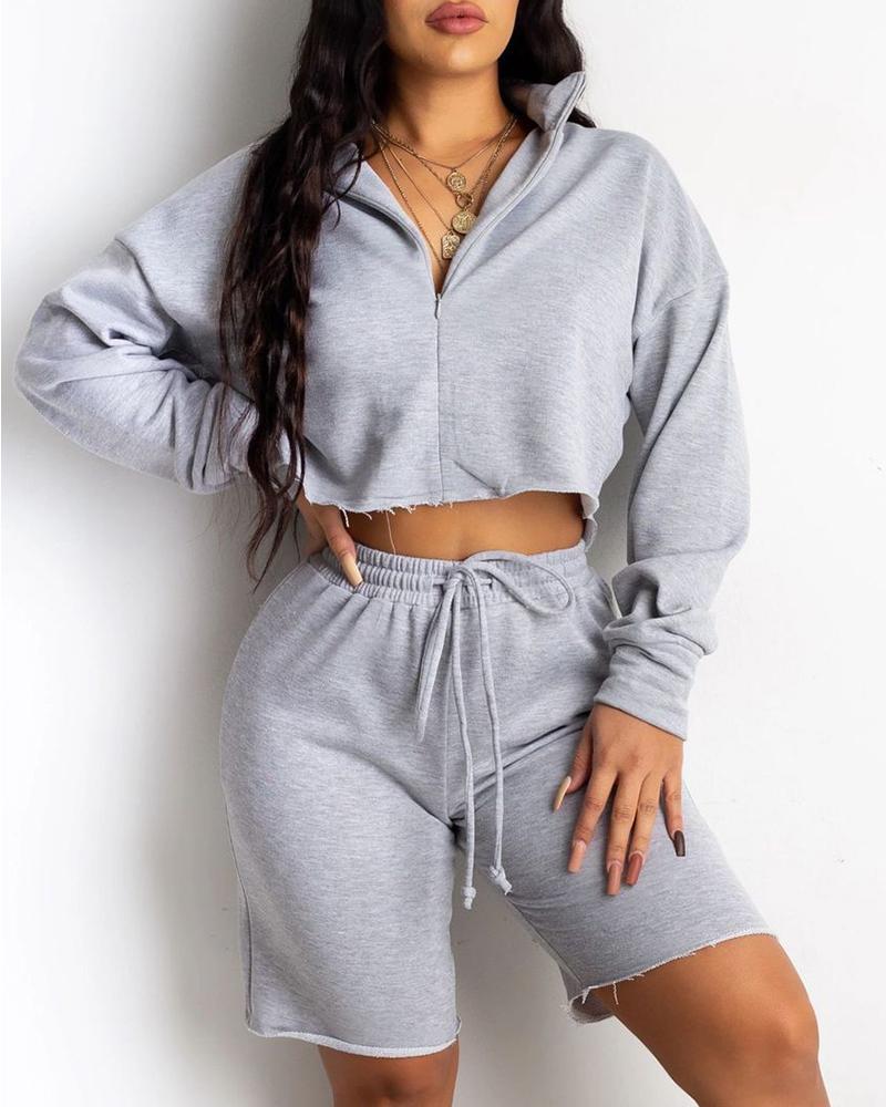 zipper design crop top &amp; high waist drawstring shorts set