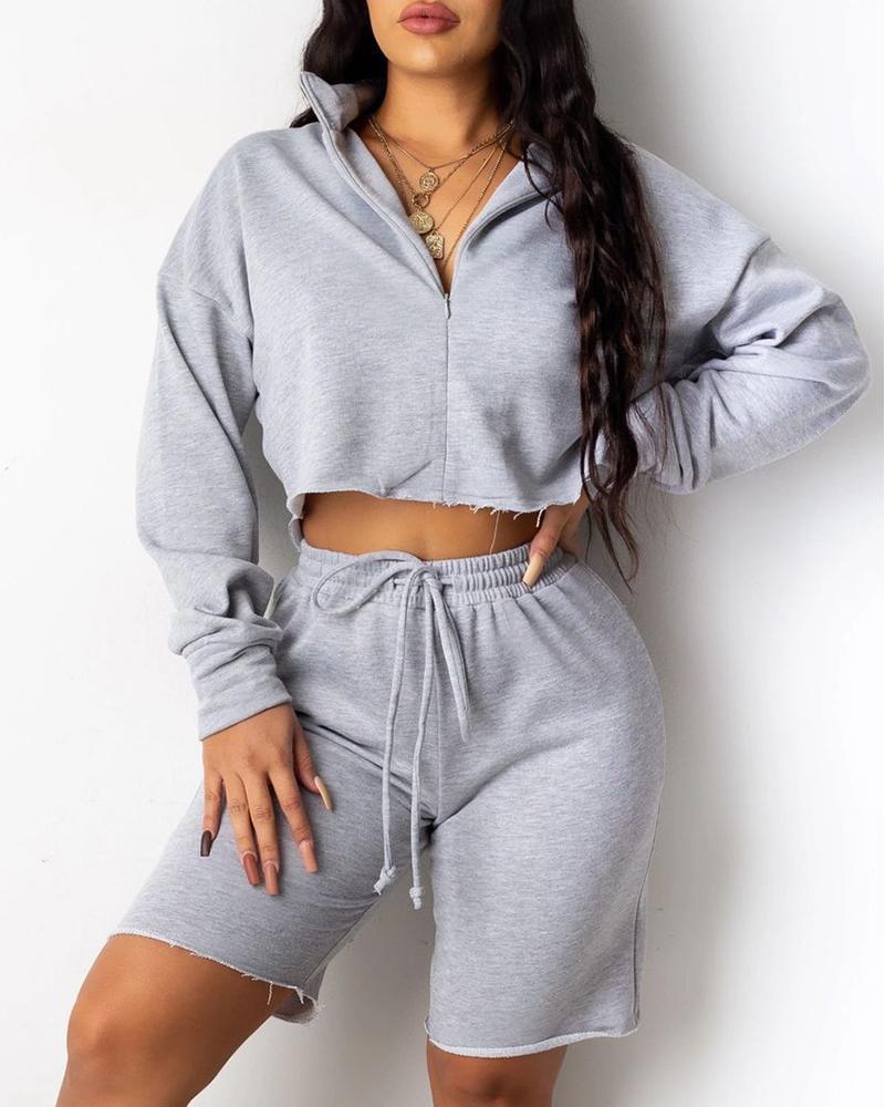 zipper design crop top &amp; high waist drawstring shorts set