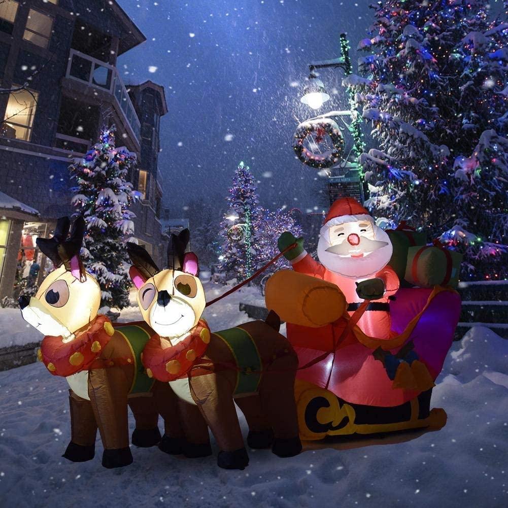ZMDZA Christmas Inflatable Santa Cute Doll Pulled by 2 Reindeer Lights Party Outdoor Garden Yard Decoration Christmas Doll