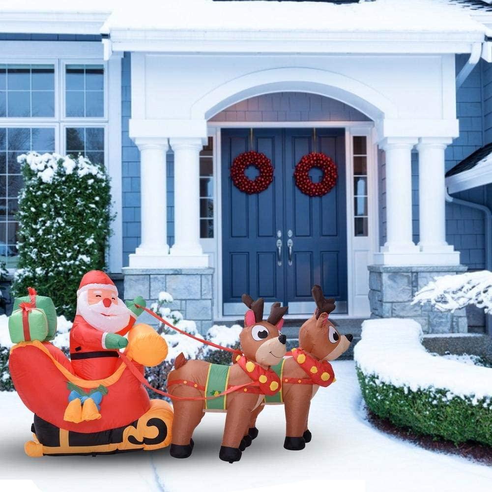 ZMDZA Christmas Inflatable Santa Cute Doll Pulled by 2 Reindeer Lights Party Outdoor Garden Yard Decoration Christmas Doll